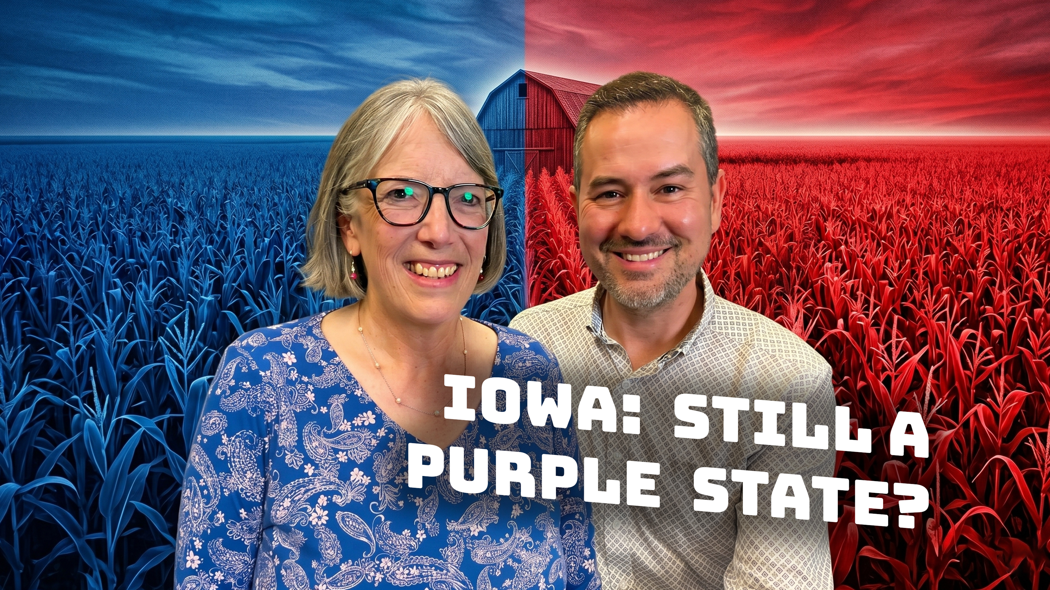 Kathie Obradovich and Justin Brady. Background shows a red and blue field with a barn. The background was Ai generated. The people are real.