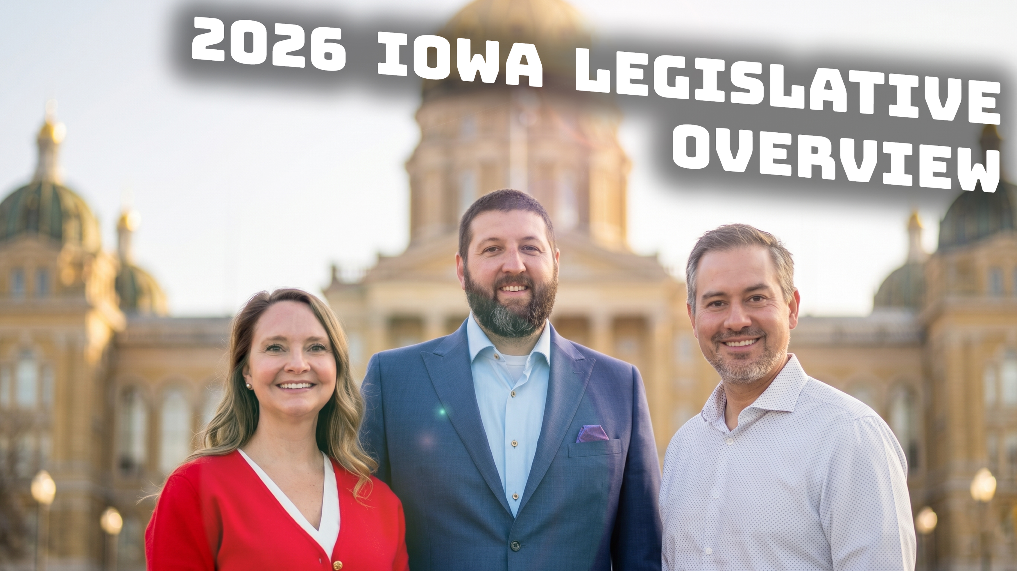Sydney Gangestad & Logan Murray of Dentons Davis Brown with Justin Brady in front of the Iowa Capitol buidling. The image is a real selfie, but Ai was used to add the background.